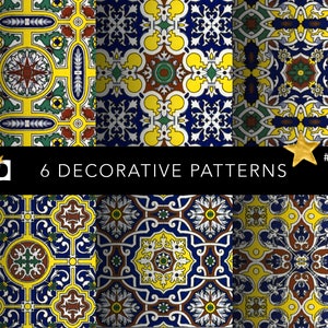 A set of six decorative, seamless patterns inspired by Azulejo tiles, featuring elaborate geometric and floral motifs in bright yellow, royal blue, and white.