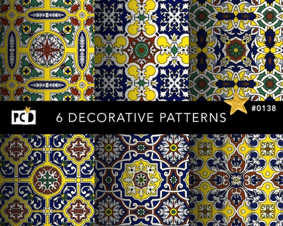 Azulejo Seamless Tile Digital Paper Pack | Yellow Blue Decorative Patterns 300 DPI | Endpapers & Decoupage
