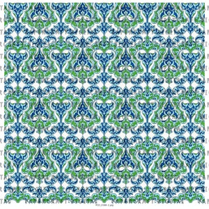 May include: A seamless pattern featuring a repeating design of blue, green, and white stylized floral shapes. The pattern is reminiscent of traditional Islamic art.