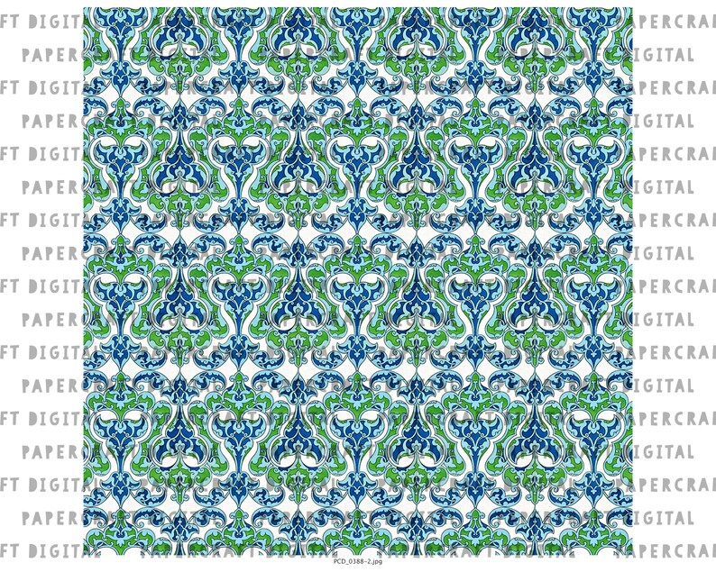 May include: A seamless pattern featuring a repeating design of blue, green, and white stylized floral shapes. The pattern is reminiscent of traditional Islamic art.