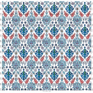 May include: A seamless pattern featuring a repeating design of stylized red tulips, blue and green floral motifs, and white accents on a white background.