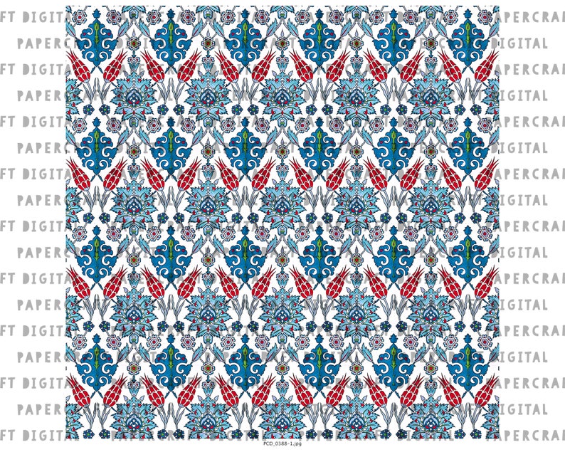 May include: A seamless pattern featuring a repeating design of stylized red tulips, blue and green floral motifs, and white accents on a white background.