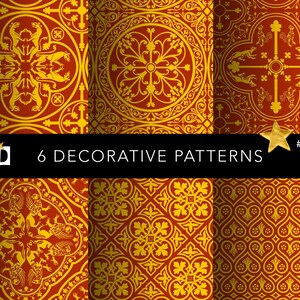 May include: Six decorative patterns featuring intricate designs in gold and red. The patterns include geometric shapes, floral motifs, and stylized animal figures. The patterns are seamless and can be used for a variety of design projects.