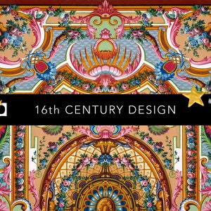 A large, decorative print featuring an ornate Rococo architectural ceiling design with flowing scrollwork and floral garlands in pink, blue, green, and gold.