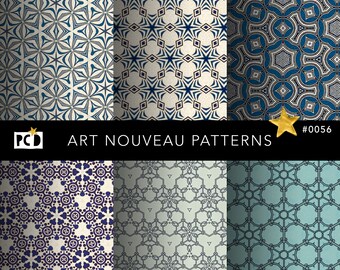 May include: Six different Art Nouveau patterns in blue, white, and gray. The patterns are geometric and intricate. The title "Art Nouveau Patterns" is displayed at the top of the image. The number "#0056" is displayed in the top right corner.