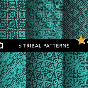 Set of 6 seamless Modern Tribal Patterns with a woodblock print texture in teal and black, high-resolution digital paper for bohemian decor and endpapers.