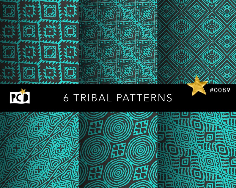 Set of 6 seamless Modern Tribal Patterns with a woodblock print texture in teal and black, high-resolution digital paper for bohemian decor and endpapers.