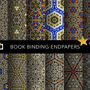May include: A set of six decorative endpapers featuring intricate geometric patterns in shades of gold, blue, red, and black. The patterns are reminiscent of traditional Islamic art and architecture. The endpapers are perfect for adding a touch of elegance to any bookbinding project.