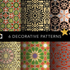 Könnte beinhalten: Sechs dekorative Muster mit komplizierten geometrischen Designs in verschiedenen Farben, darunter Rot, Grün, Schwarz und Gold. Die Muster sind in einem Rasterformat angeordnet, wobei jedes Muster ein einzigartiges Design aufweist.