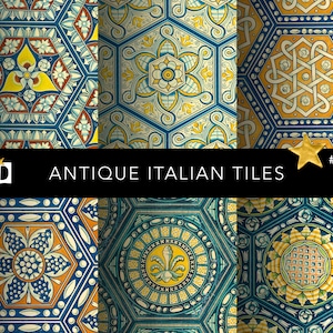 May include: Antique Italian tiles with intricate geometric patterns in shades of blue, yellow, and orange. The tiles feature floral motifs and a repeating design.
