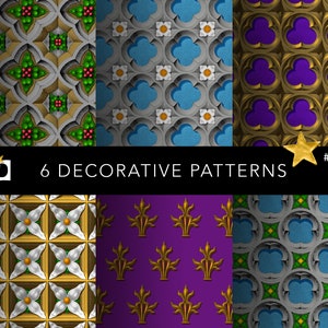 May include: Six decorative patterns featuring geometric designs in various colors, including gold, purple, blue, green, and white. The patterns are arranged in a grid format with a black banner at the bottom that reads "6 DECORATIVE PATTERNS" and a gold star with the number "#0239".