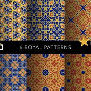 Könnte beinhalten: Sechs königliche Muster in Gold, Blau und Rot. Die Muster weisen verzierte, geometrische Designs auf. Das Bild enthält den Text "6 ROYAL PATTERNS" und einen goldenen Stern mit der Nummer "#0185".