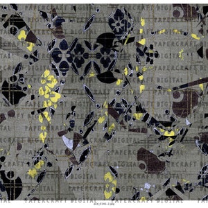 Pu&ograve; includere: Carta digitale astratta con un motivo geometrico di forme nere, gialle e marroni su sfondo grigio. Il motivo ricorda un mosaico o un patchwork.