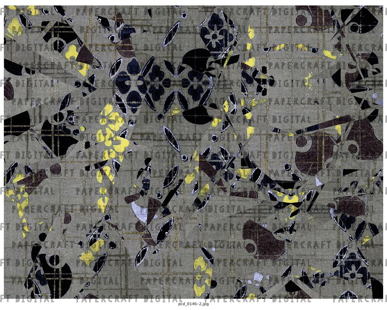 Pu&ograve; includere: Carta digitale astratta con un motivo geometrico di forme nere, gialle e marroni su sfondo grigio. Il motivo ricorda un mosaico o un patchwork.