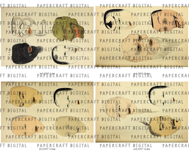 May include: Four black and white illustrations of Japanese Noh masks. The masks are drawn in a traditional style with detailed features and expressions. The masks are labeled with the text "pcd_0207-11.jpg" and "pcd_0207-12.jpg".