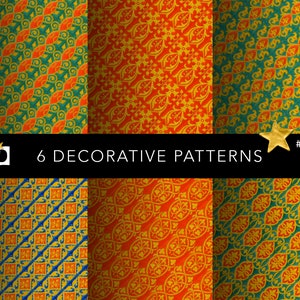 以下が含まれることがあります： 緑、オレンジ、黄色、青の色合いで複雑なデザインが施された6つの装飾的なパターン。パターンは黒の枠で囲まれたグリッドに配置され、白い文字で「6つの装飾的なパターン」と表示されています。