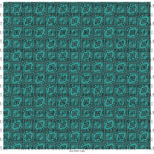 May include: A seamless pattern with a repeating design of teal blue squares with black outlines and a stylized eye shape inside each square. The background is black.