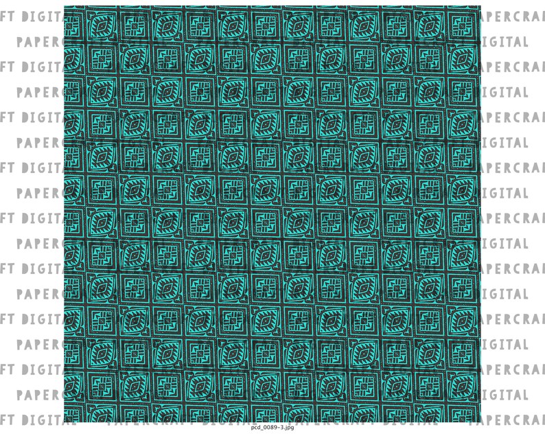 May include: A seamless pattern with a repeating design of teal blue squares with black outlines and a stylized eye shape inside each square. The background is black.