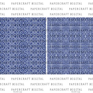 Może przedstawiać: Cyfrowy projekt papiercraft z powtarzającym się wzorem geometrycznych kształt&oacute;w w kolorze niebieskim i białym. Projekt idealnie nadaje się do tworzenia kartek, stron do album&oacute;w ze zdjęciami i innych prac papierowych.