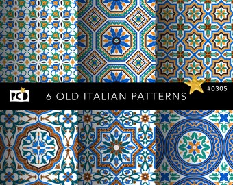 6 Antique Italian Maiolica Tile Patterns | High Res Mediterranean Digital Paper | 300 DPI Endpapers | Commercial Use