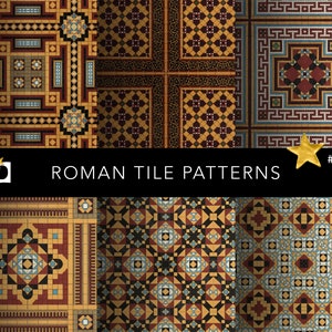 Puede incluir: Un conjunto de tres patrones de azulejos romanos con diseños geométricos en tonos rojos, azules, amarillos y negros. Los patrones están dispuestos en formato de cuadrícula y están etiquetados como "Roman Tile Patterns".