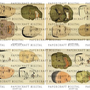 May include: Eight different Japanese Noh masks, each with unique facial expressions and colors. The masks are painted in shades of green, brown, and white. The masks are arranged in four rows of two masks each.