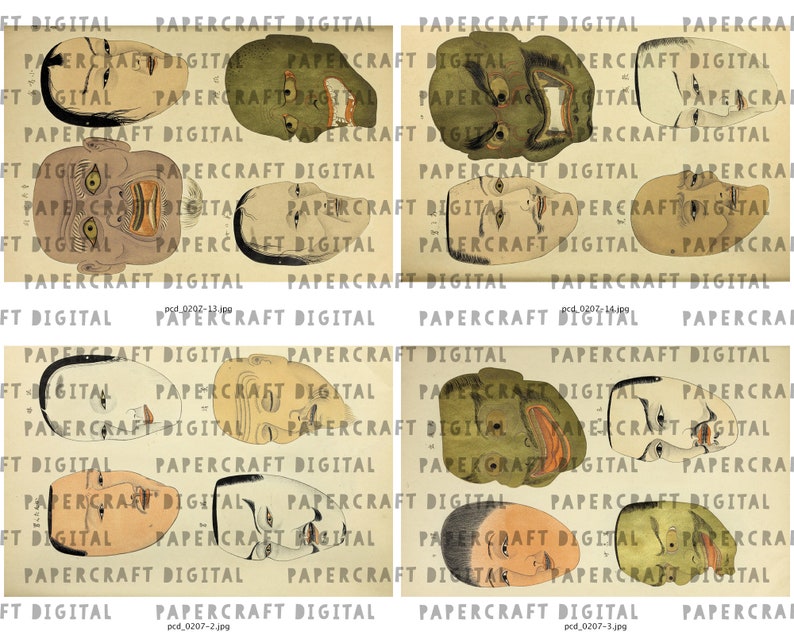May include: Eight different Japanese Noh masks, each with unique facial expressions and colors. The masks are painted in shades of green, brown, and white. The masks are arranged in four rows of two masks each.