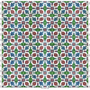 May include: A repeating pattern of blue, green, red, and white floral designs on a white background. The pattern is symmetrical and features stylized flowers, leaves, and geometric shapes.