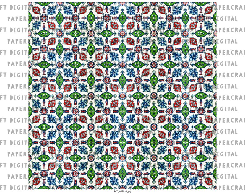 May include: A repeating pattern of blue, green, red, and white floral designs on a white background. The pattern is symmetrical and features stylized flowers, leaves, and geometric shapes.