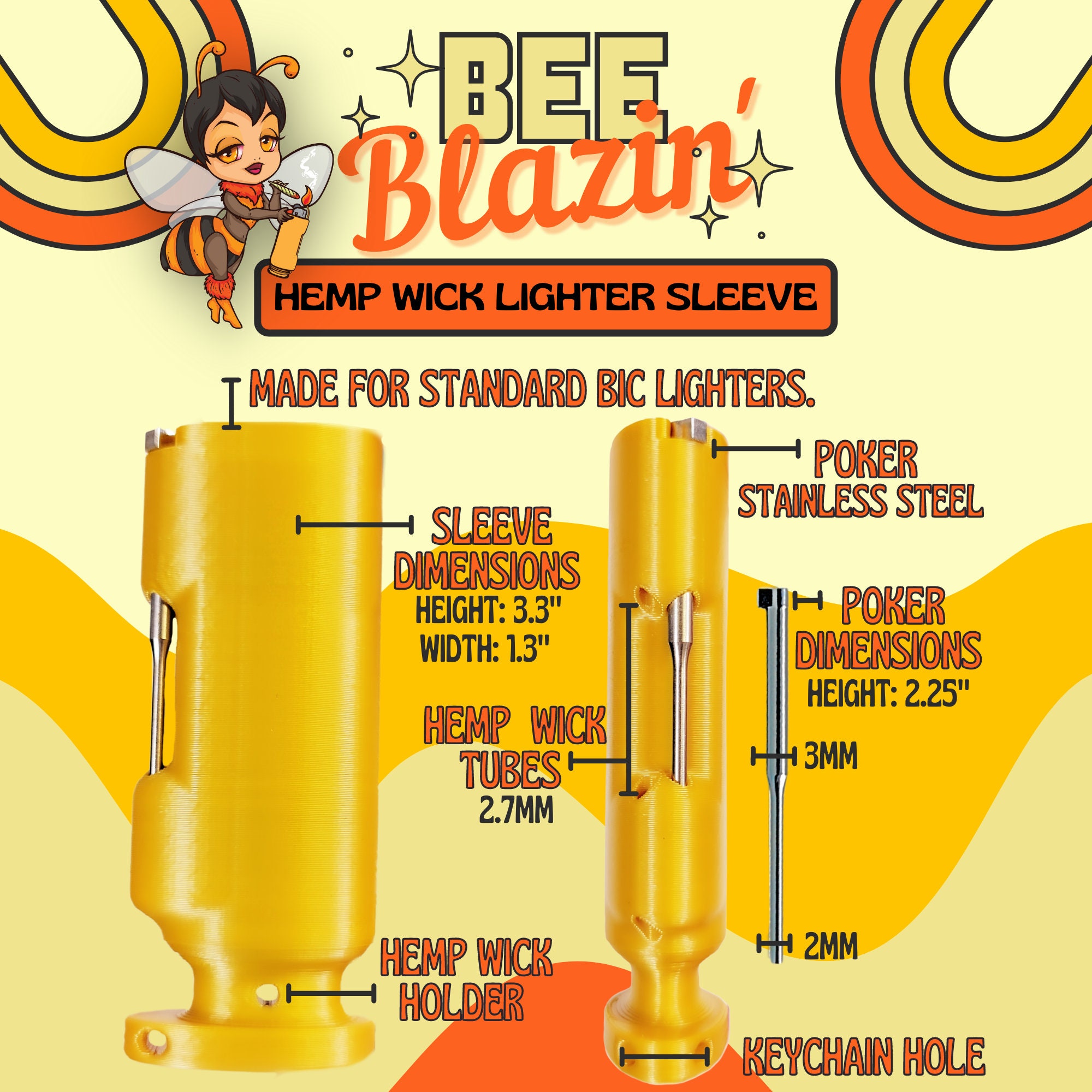 Rainbow Bears Bee Blazin' Lighter Sleeve Hemp Wick Lighter W/ Pokie Lighter  Sleeve BIC Lighter Not Included 