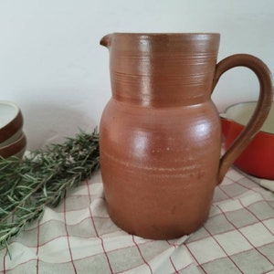 Large French jug, vintage rustic cider pichet, jug, water,wine carafe glazed inside. Brown salt glazed stoneware