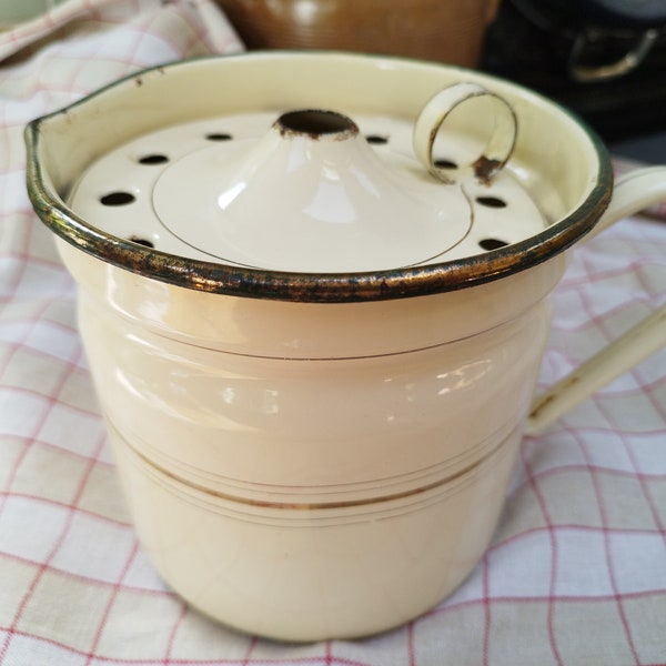 French vintage enamel pan,milk boiling, cream striped colour with special lid.