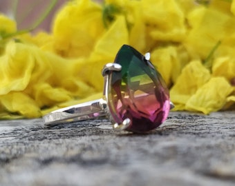 Watermelon Tourmaline Ring, 925 Sterling Silver, Pear Shape, Multi Color Stone, Faceted Gemstone, One Of A Kind, Can Be Personalized