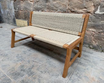 Handmade Oak Bench for Two, Woven Hemp Seat Bench, Two-Seater Bench in French Oak, Scandi Wooden Bench, Artisan Oak Chair, Patio Seating