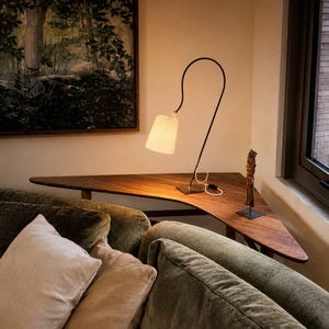 May include: A black metal table lamp with a curved neck and a white pleated lampshade, positioned on a triangular wooden desk next to a small dark sculpture, with a white power cord extending across the surface of the desk.