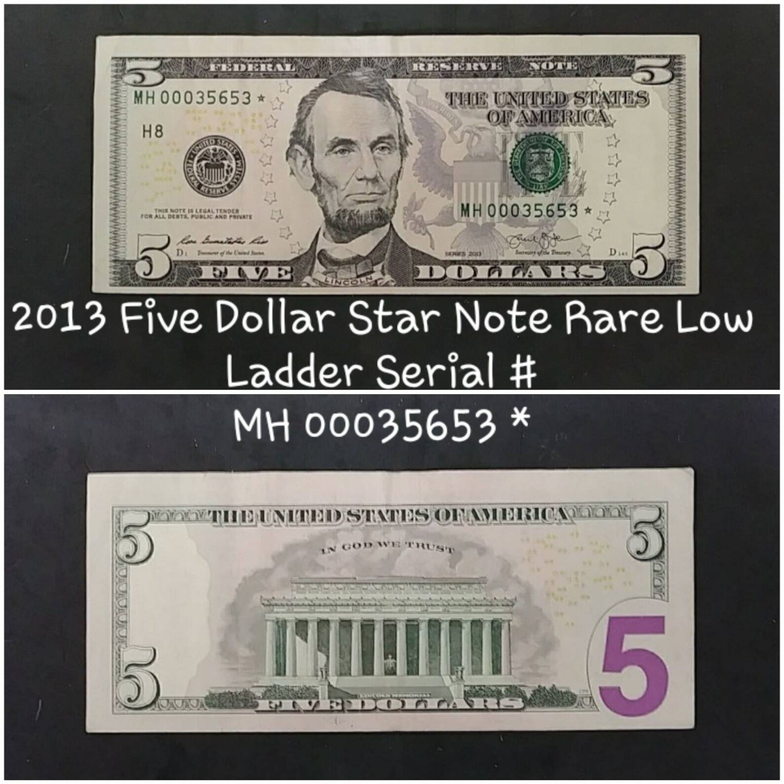 2013 Star Note Rare Five Dollar Bill Low Ladder Serial Number Etsy