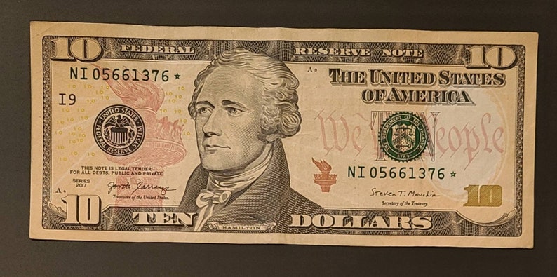 2017 Ten Dollar Bill Star Note Serial Numer NI 05661376 Stsr Etsy