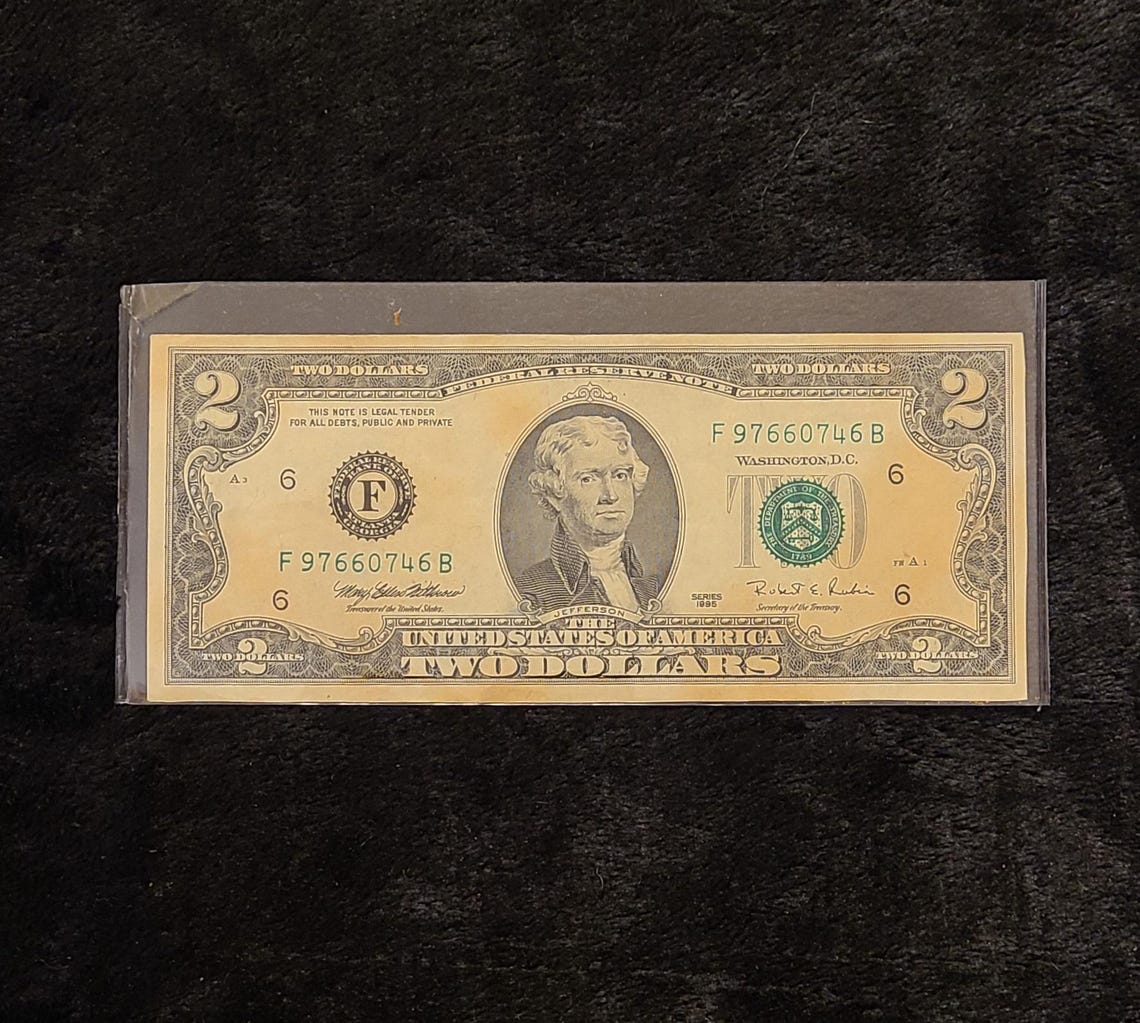 1995 2 Dollar Bill Rare High Seriel Number F97660746B Fancy Serial