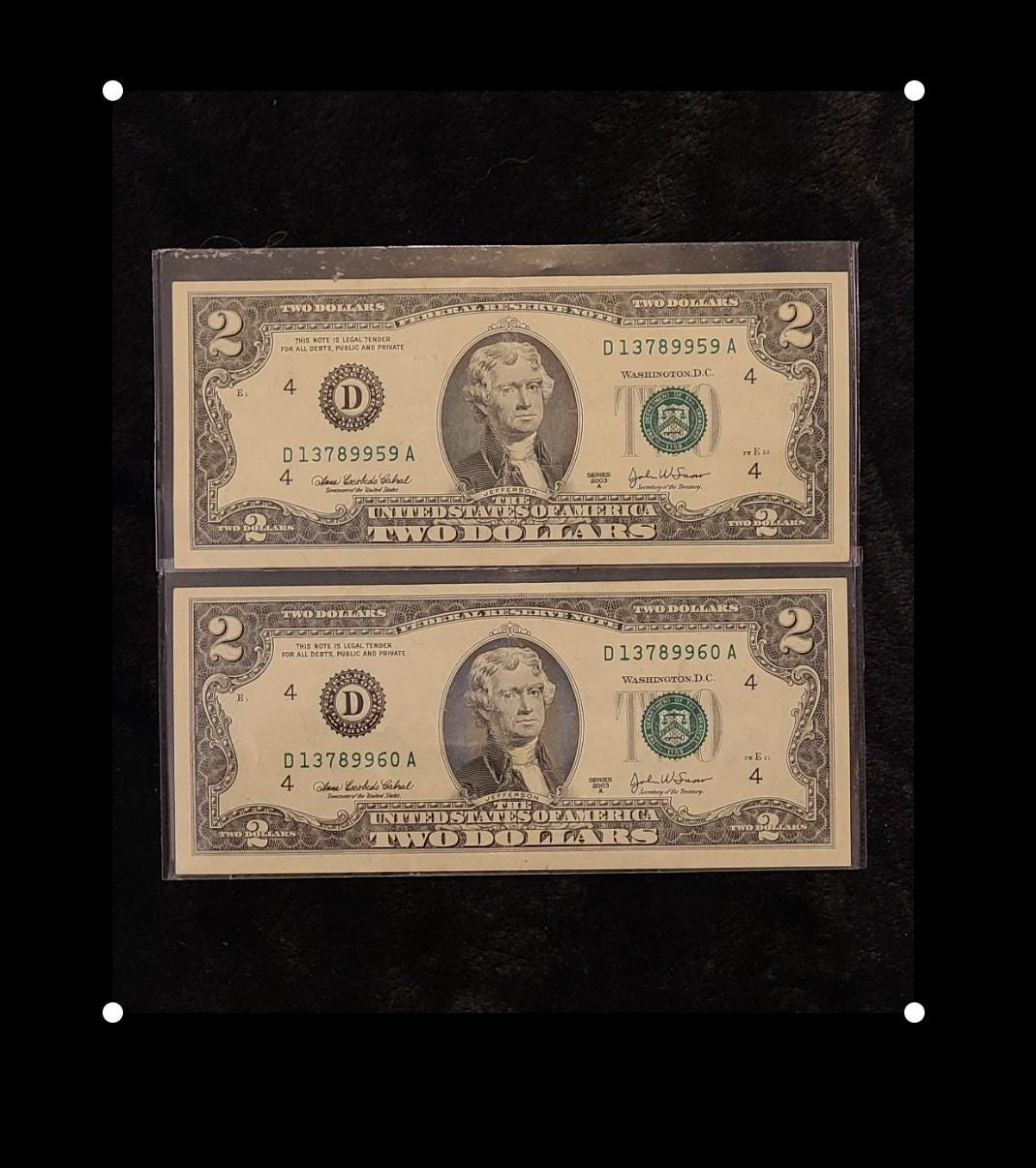 2003 A 2 Dollar Bill Rare Consecutive Bills Ladder Run Fancy Serial Number Lightly Circulated Rare Seriel Number