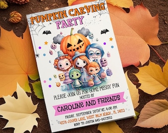 May include: A Halloween-themed invitation with the text "Pumpkin Carving Party" and a watercolor illustration of cartoon characters. The invitation is surrounded by autumn leaves and a pine cone.