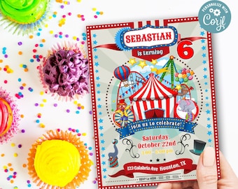 May include: A red, white, and blue circus-themed birthday invitation for a child turning six. The invitation features a cartoon illustration of a circus tent, a clown, an elephant, and a Ferris wheel. The text on the invitation reads "Sebastian is turning 6" and includes the date, time, and location of the party.