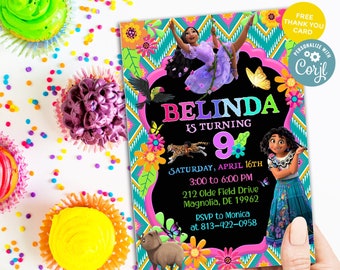 Invitación de cumpleaños imprimible encanto, fiesta de cumpleaños Encanto, Mirabel, invitación a fiesta Isabela, archivo digital jpg, invitación Mirabel