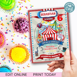 Invito di compleanno del circo, invito alla festa del circo di carnevale, invito a tema festa di carnevale, invito digitale del circo del carosello, festa stampabile