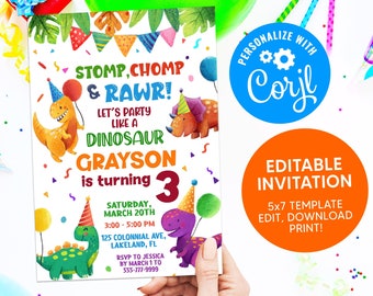 MODIFICABILE Invito di compleanno Dino, Invito per feste di compleanno per bambini, Invito per feste di dinosauri, Invito per compleanno per bambini, Invito a Dino e amici