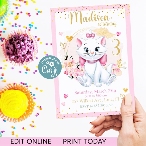 Bearbeitbare Marie Aristocats-Geburtstags-Mädchen-Einladung, Marie-Geburtstags-Party Einladung, Marie Aristocats Party-Thema einladen, Mädchen-Einladung