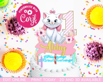 Printable Marie Cake Topper, Marie Aristocats Customized Cake Topper Party Printable DIY, JPG PDF File, 2D and 3D Cake Toppers