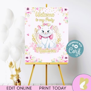 Editable Welcome Sign Marie Aristocats, 3 sizes Welcome Sign Party Decor, Marie Aristicats Welcome Sign, Instant Dowload, Digital File Sign