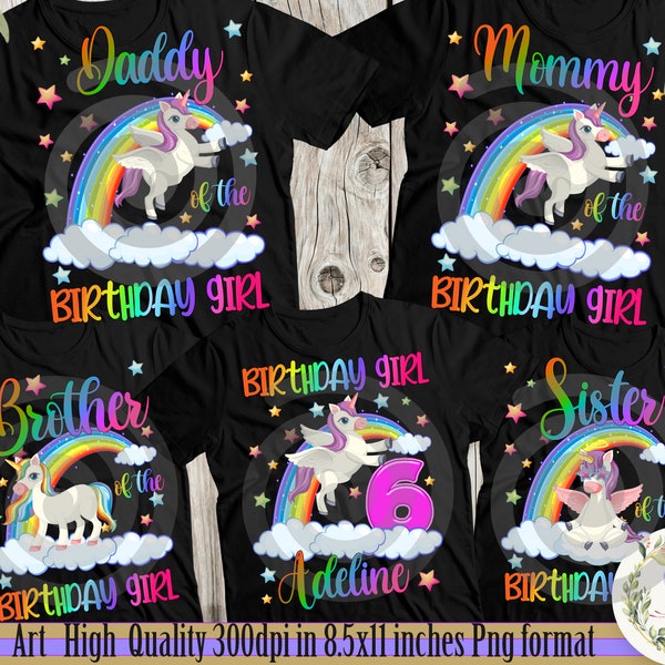 PNG Unicorn T-shirt Birthday Girl,Png Digital File, Unicorn Girl Birthday, Mom, Dad Birthday Girl ,Personalized, Sublimation, Iron Transfer