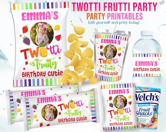 May include: Printable party decorations for a two-year-old's birthday with a fruit theme. The design features a photo of a child, the words "Two-tti Fruity Birthday Cutie", and colorful fruit illustrations. The printable designs are for chip bags, juice boxes, water bottles, and snack bags.