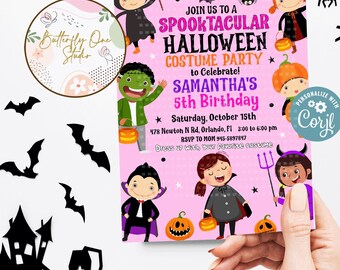 Könnte beinhalten: Eine rosa Halloween-Party-Einladung mit Cartoon-Illustrationen von Kindern in Kostümen, Kürbissen, Fledermäusen und Spinnen. Die Einladung lautet "Spooktacular Halloween Costume Party" zur Feier von Samanthas 5. Geburtstag.